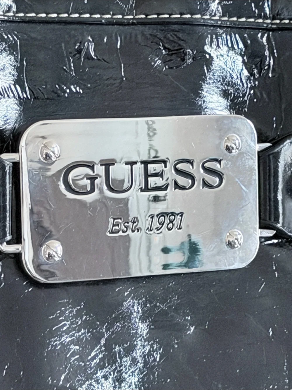 GUESS Black Patent Leather Clutch with Silver Plaque